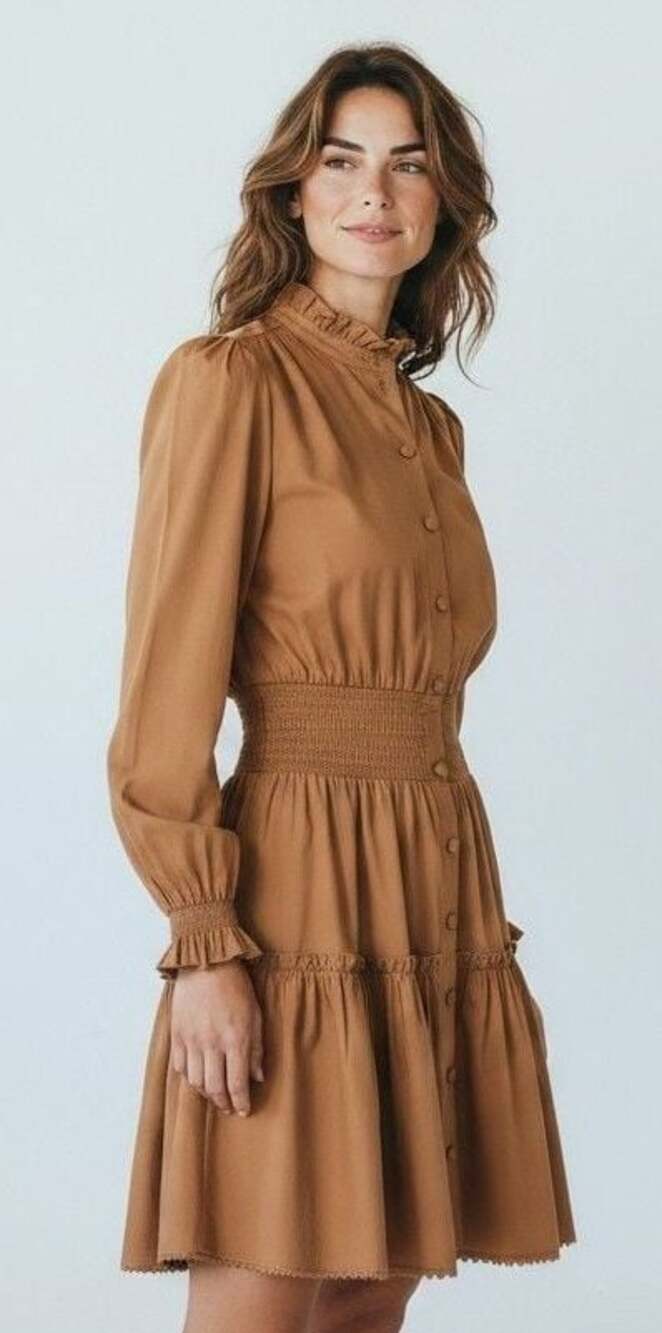 Hunter Bell Serena Pleated Mini Dress Brown Long Sleeve Cotton Size M